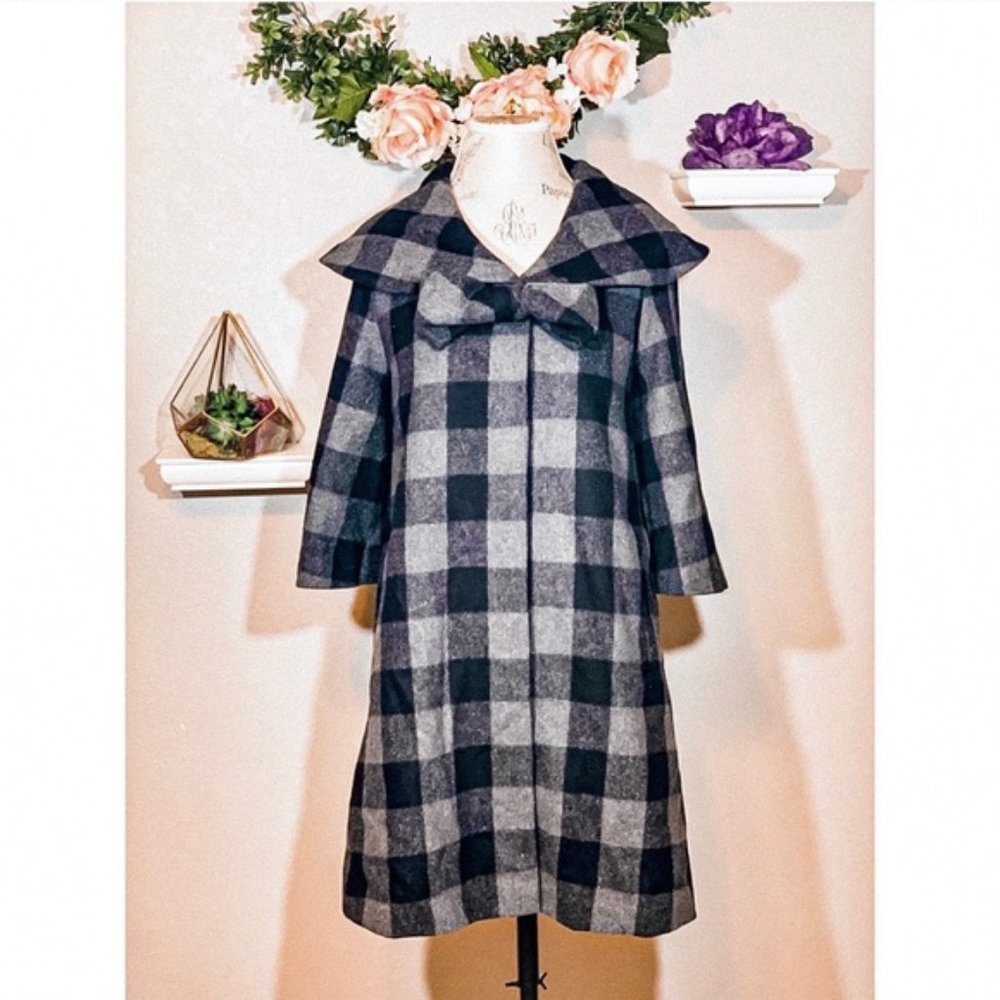 Betsey Johnson Plaid Bow Long Pea Cape Coat